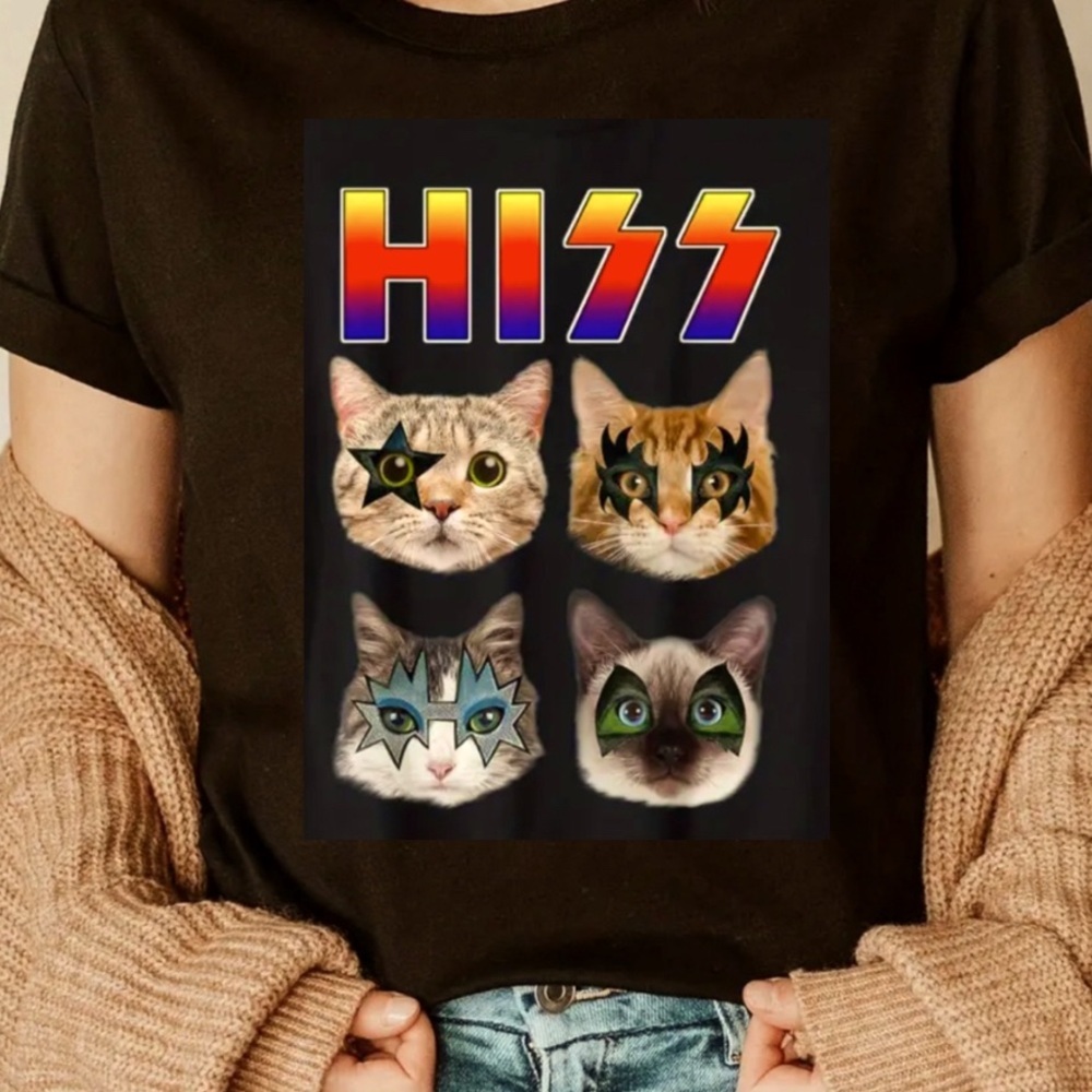 Cat ROCK N ROLL Funny Band Tee‎ 100% Cotton Black T-Shirt Women’s | Unisex Sized
